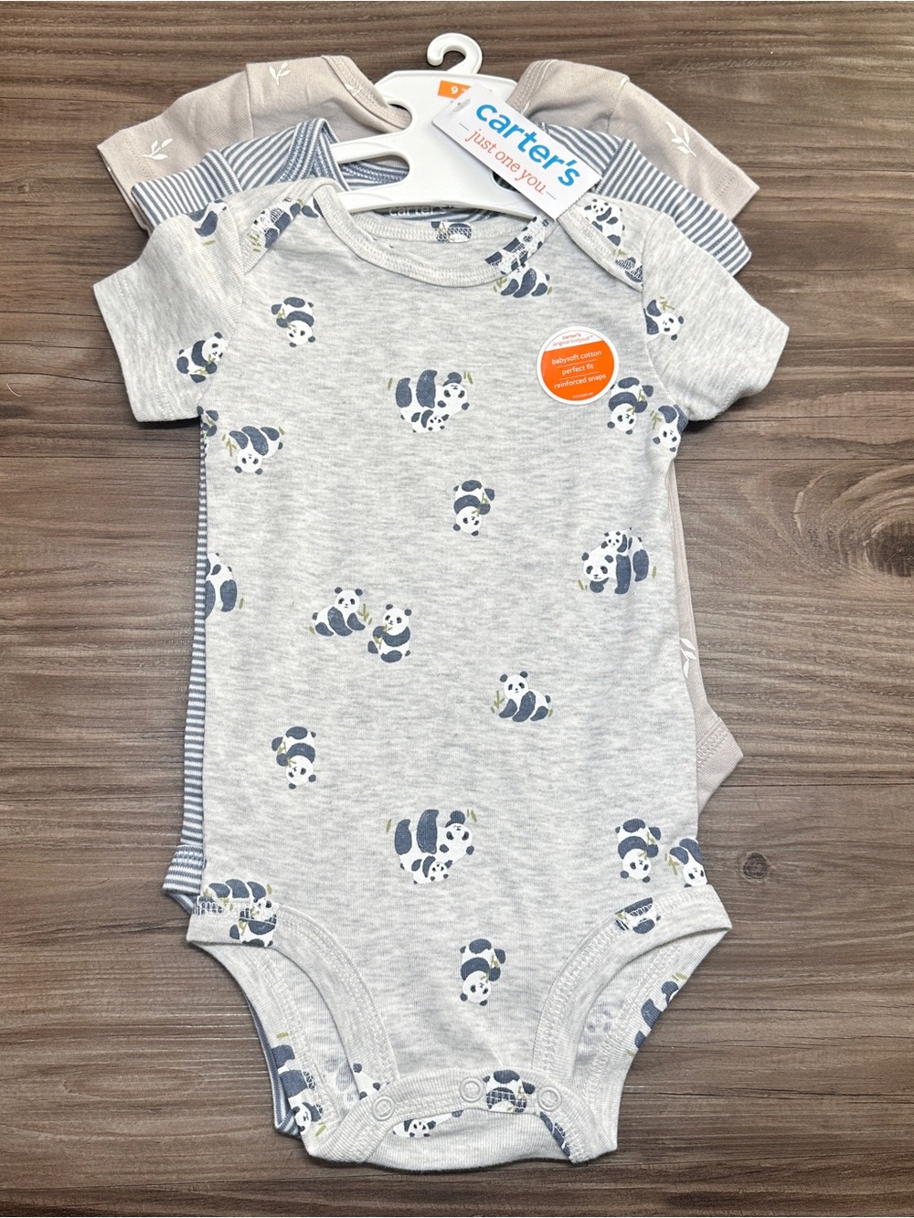Carter's Light Gray Panda Short-Sleeve One-Piece Bodysuits 3 Pack 9M